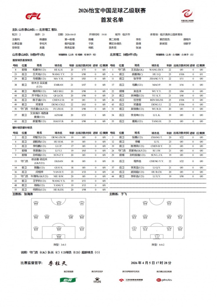 500万网彩票-依木兰中乙连场代表泰山B队首发，依合散、杨杨、李钧鹏替补